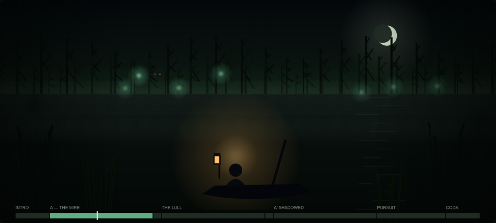 The shipped interactive player — a lantern-lit skiff in a night fen