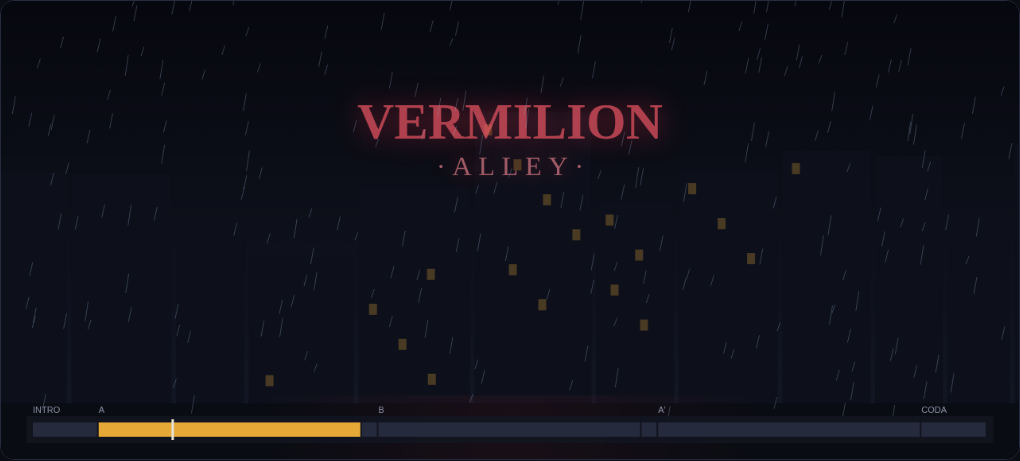 Vermilion Alley — rainy neon alley scene from the jazz-noir score player