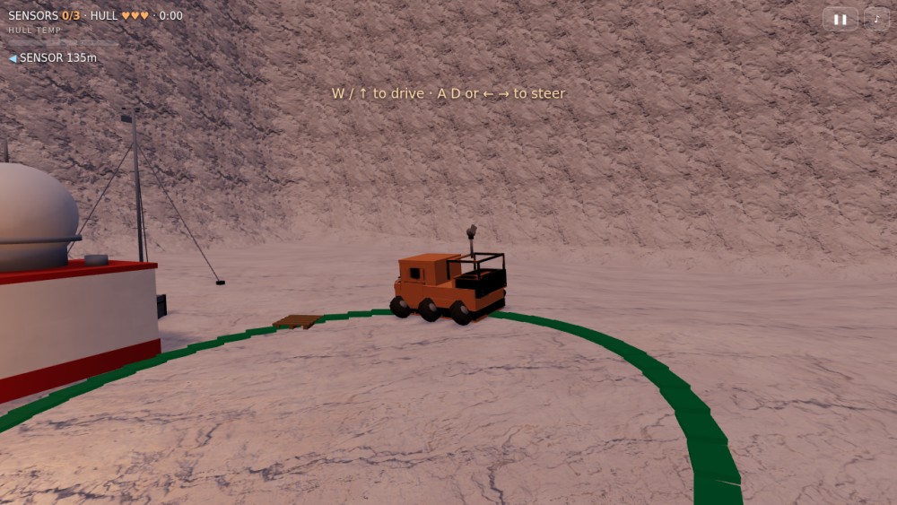 The rover on the ash plain in three.js, driven by a Rapier raycast vehicle
