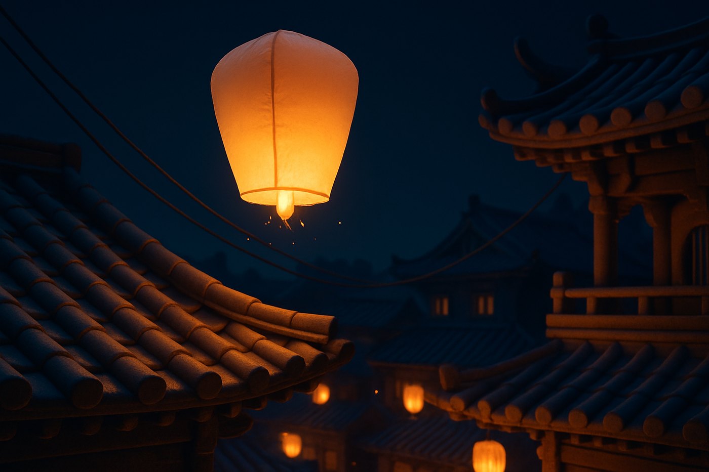 Concept hero sheet: a glowing paper sky-lantern above tiled rooftops at night