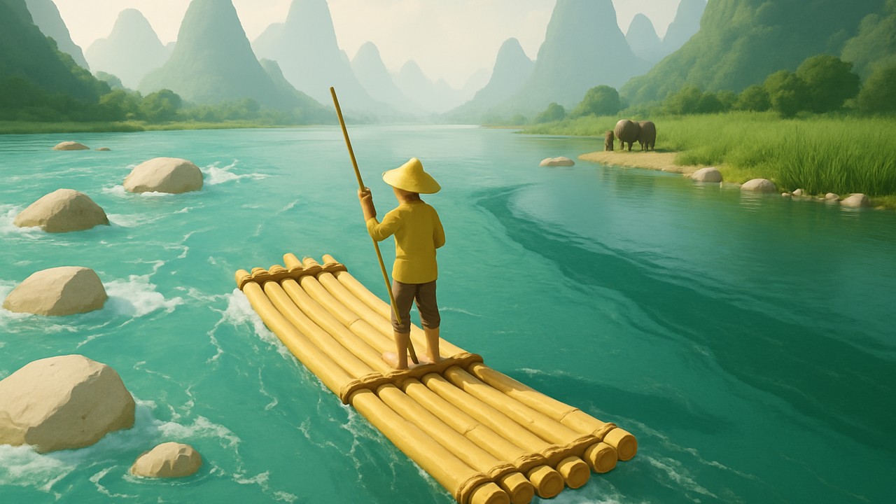 Concept sheet C1: a bamboo raft on a turquoise karst river