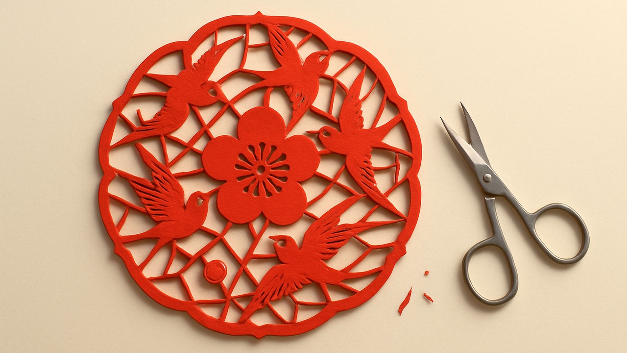 Concept sheet C1: a finished red window-flower papercut beside scissors