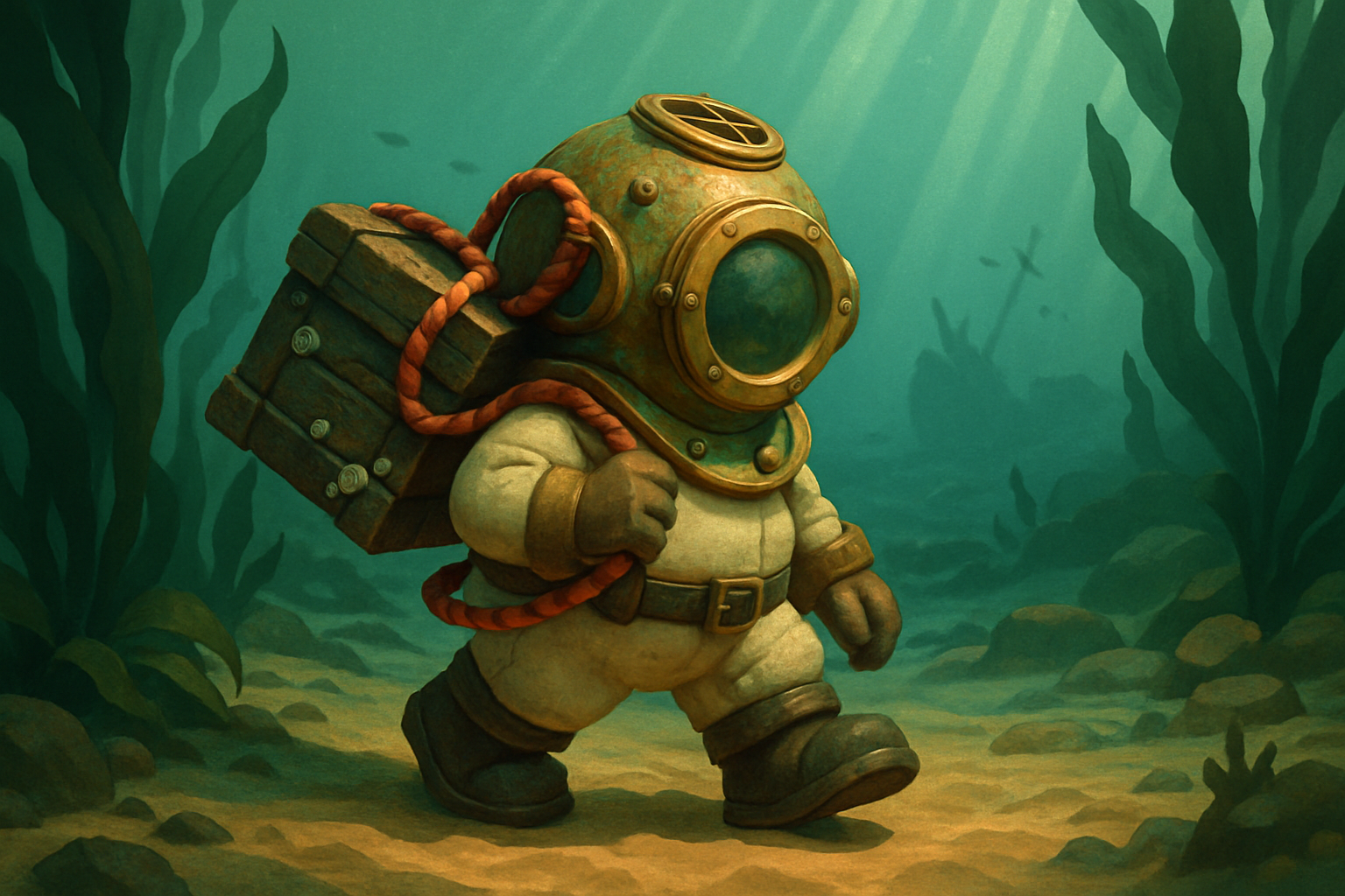 Barnacle & Brass key art — the Brass Diver hauling a salvage crate through a kelp gully