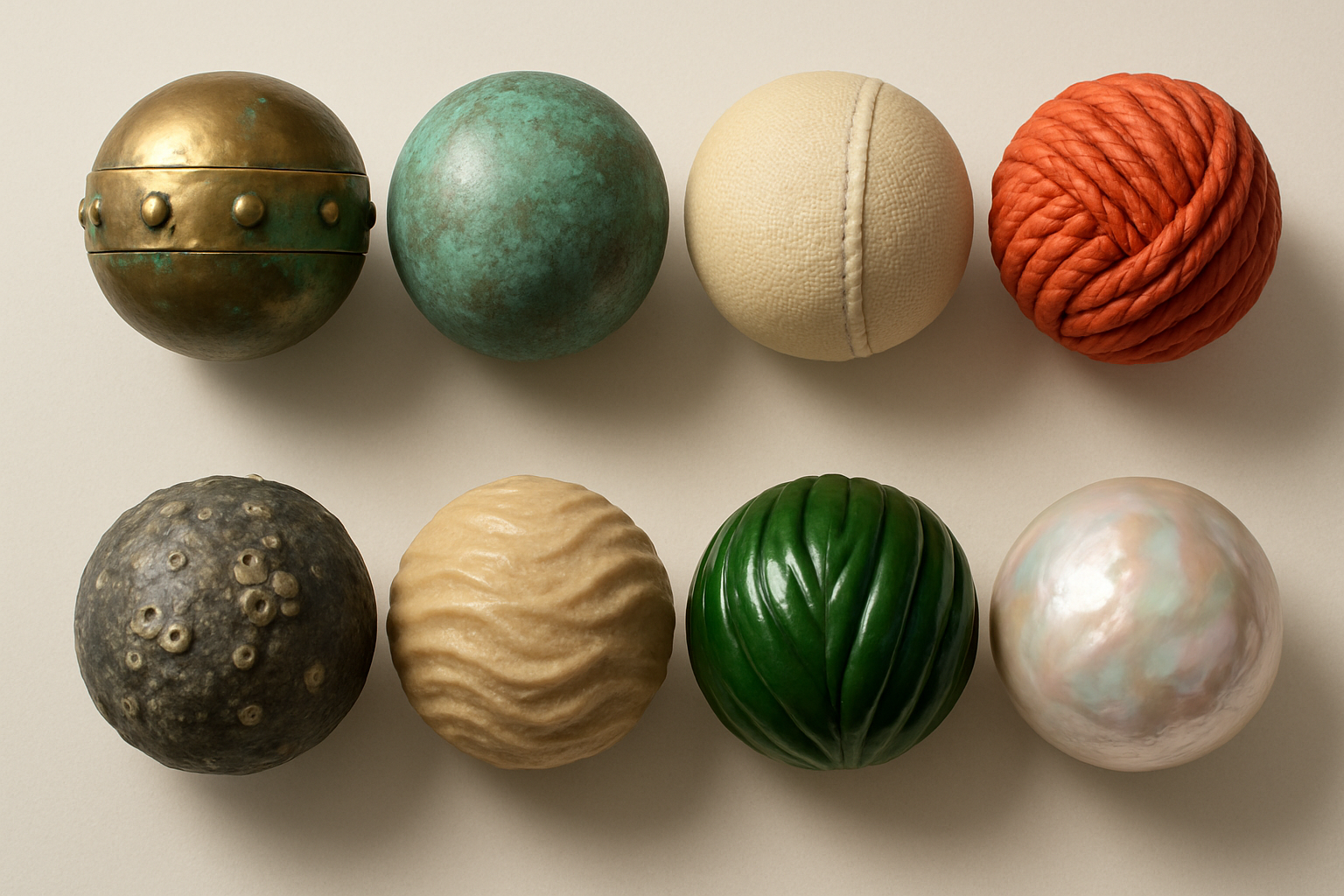 Material board — eight swatch spheres from aged brass to mother-of-pearl