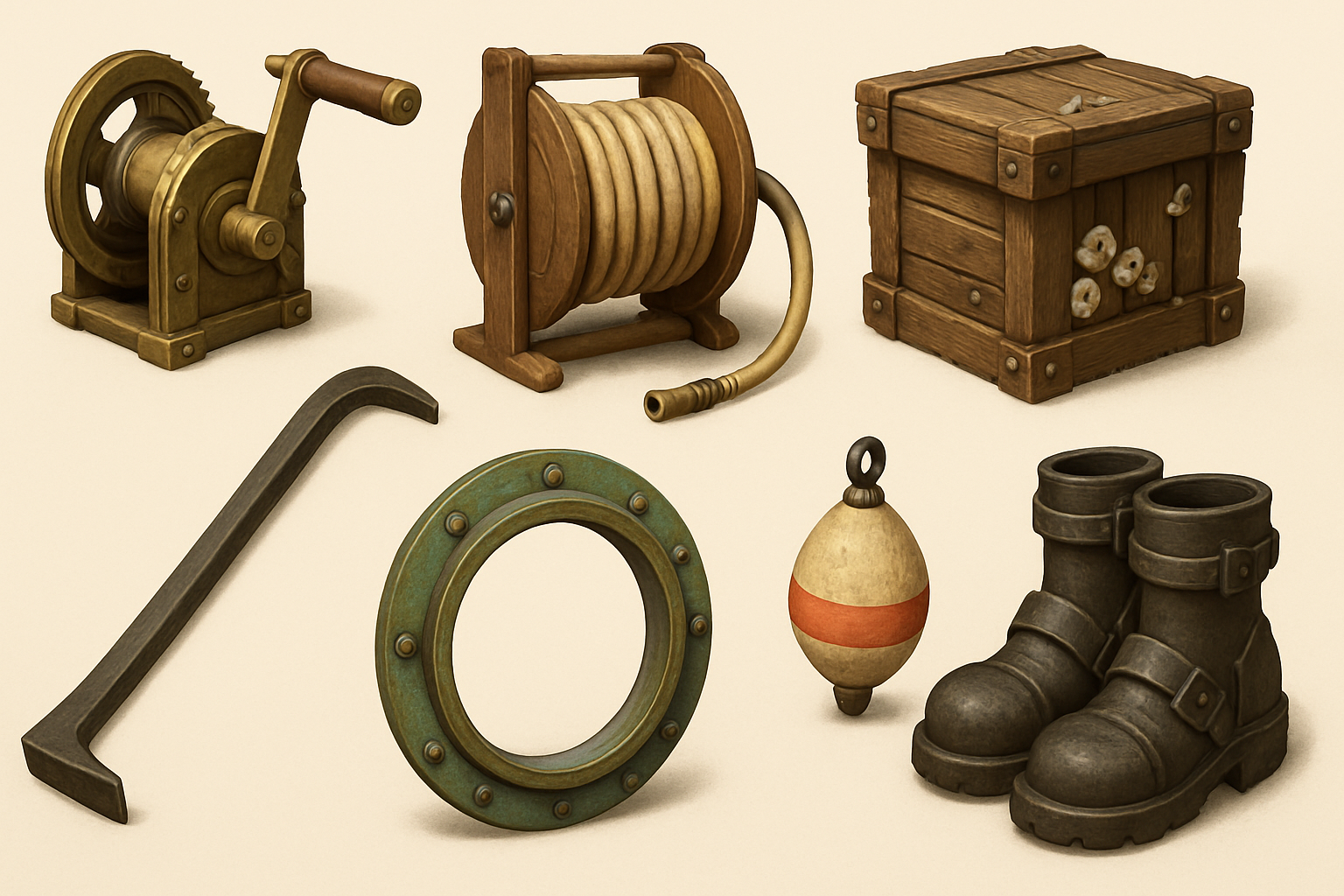 Prop sheet — winch, hose reel, salvage crate, pry bar, porthole, buoy, weighted boots