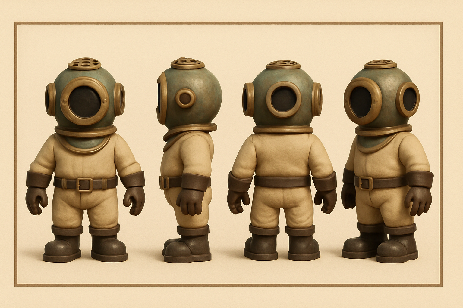 Brass Diver orthographic turnaround — front, side, back and three-quarter views