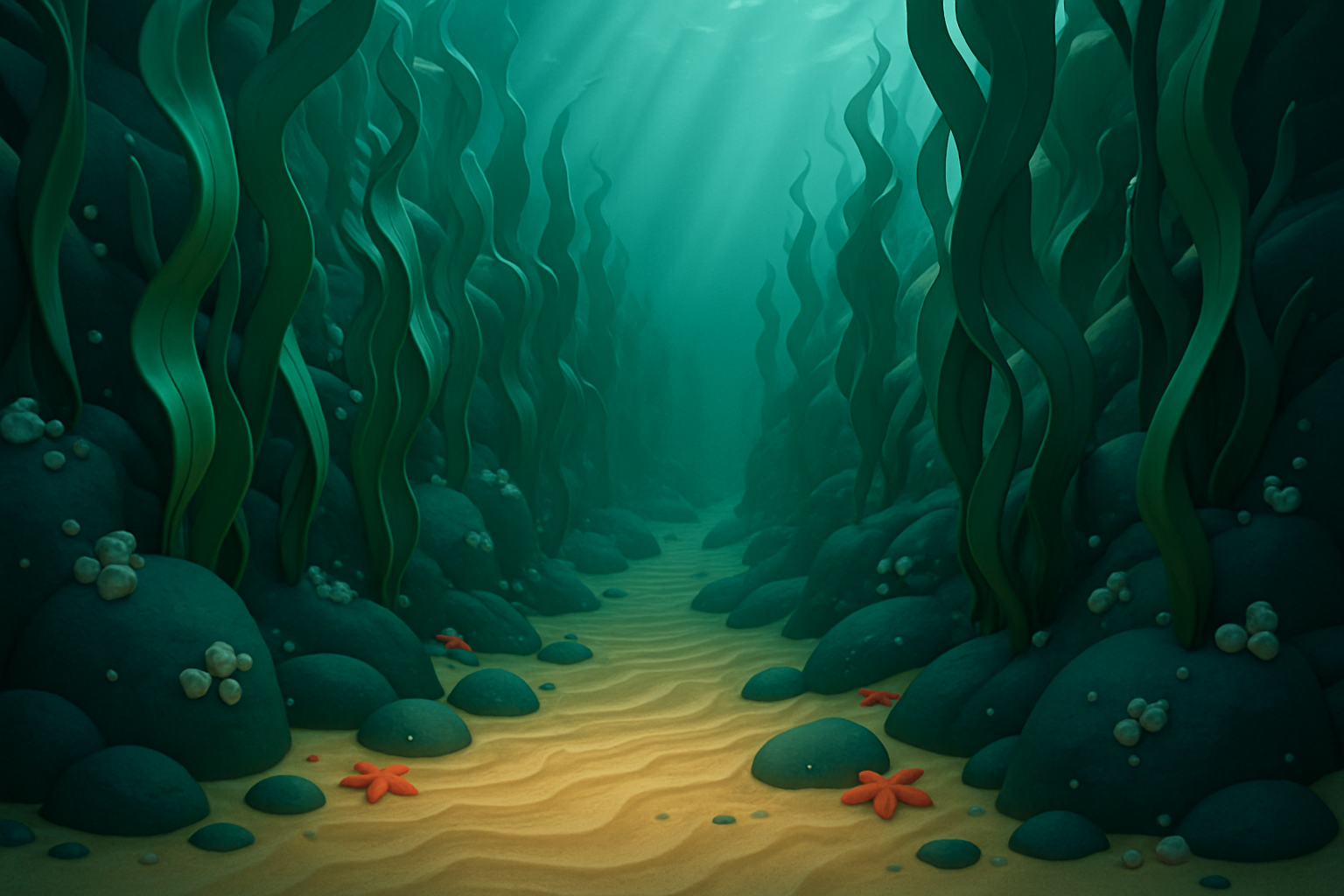 Zone: Kelp Gully — sunlit sandy path between kelp-covered rock walls