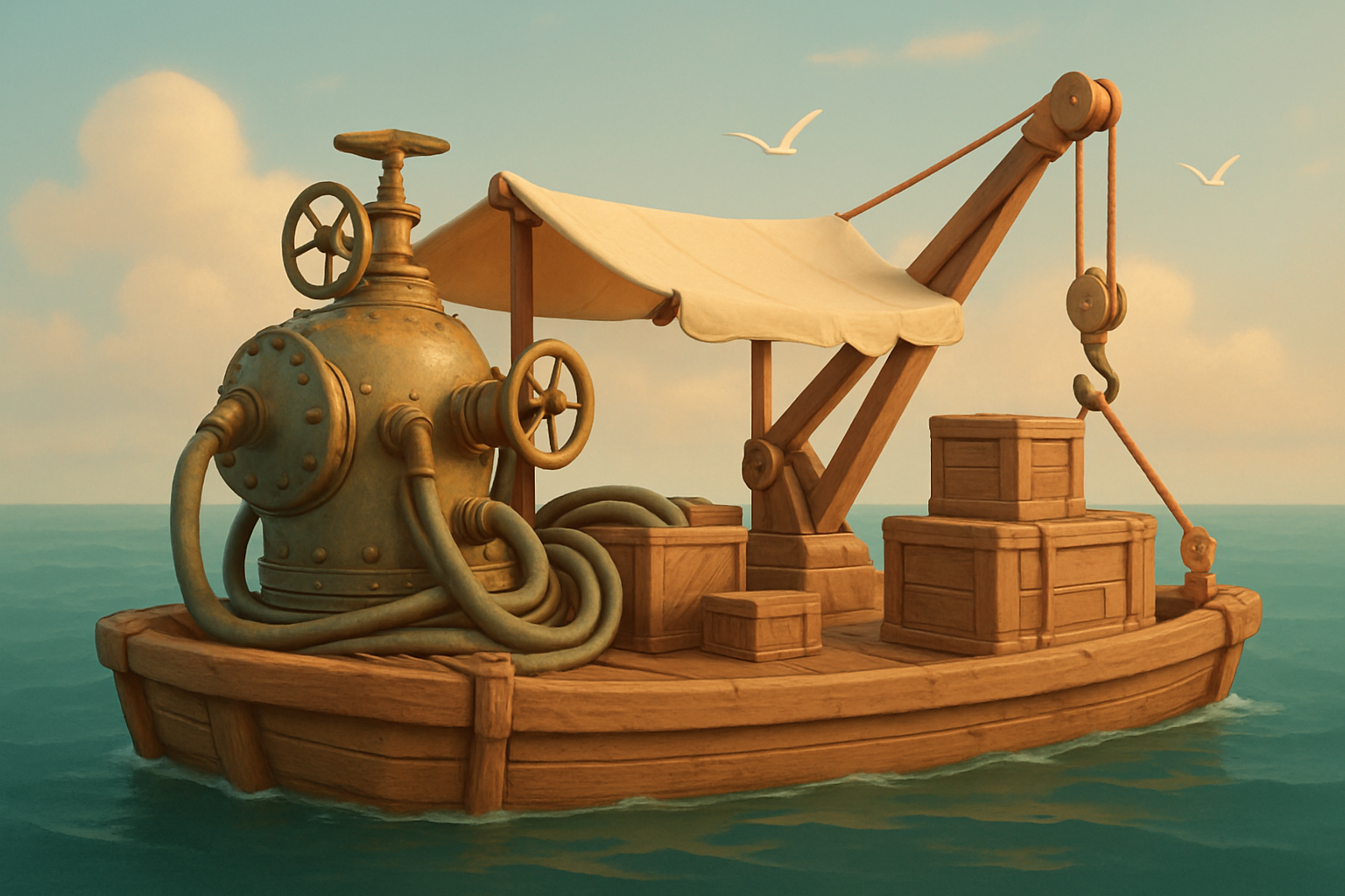 Zone: Surface Tender Barge — brass air pump, crane winch and crates on a wooden barge