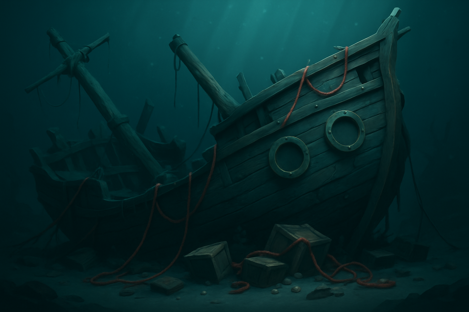 Zone: Wreck of the Gilded Gannet — a broken hull in dark teal water