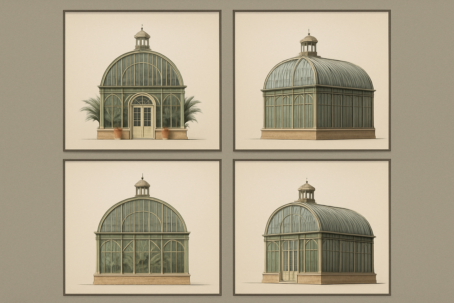 Glasshouse elevation sheet — front, side, back and three-quarter views