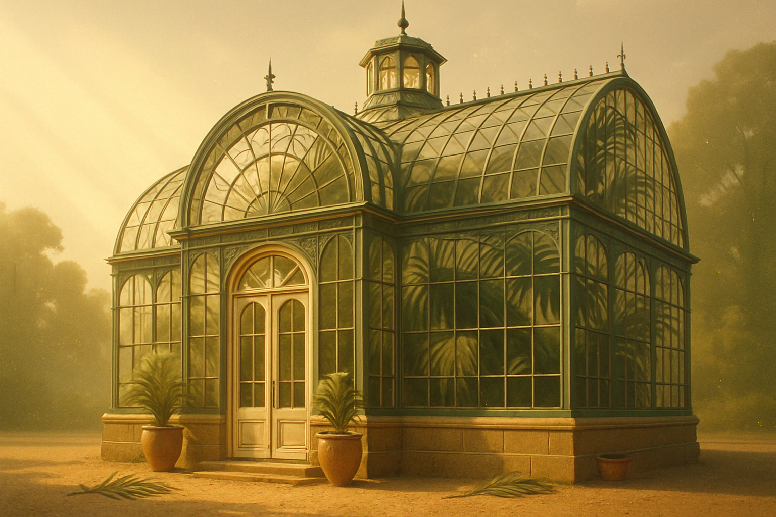 Key art — the glasshouse pavilion at golden hour