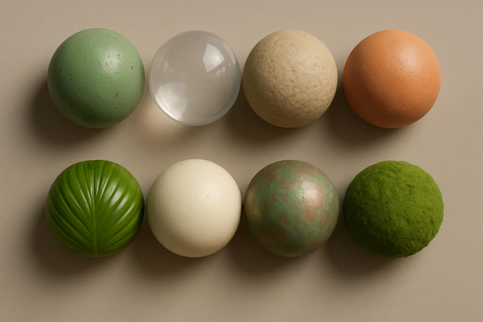 Material board — eight swatches from sage iron to damp moss