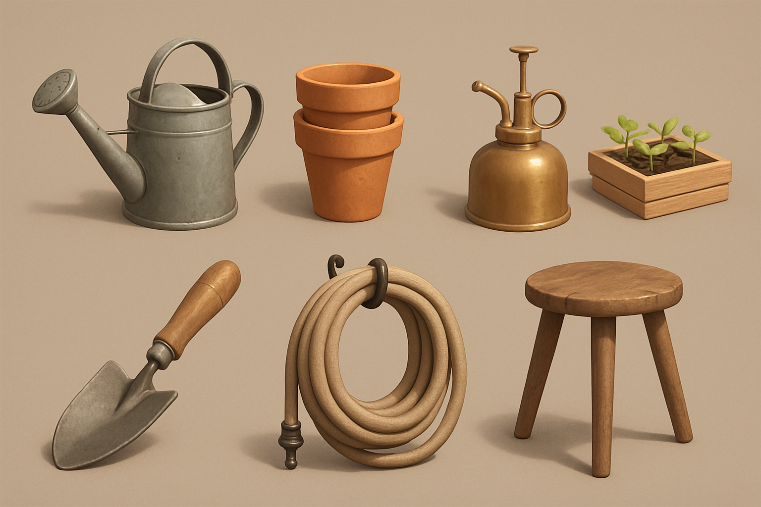 Prop sheet — watering can, pots, mister, seed tray, trowel, hose, stool
