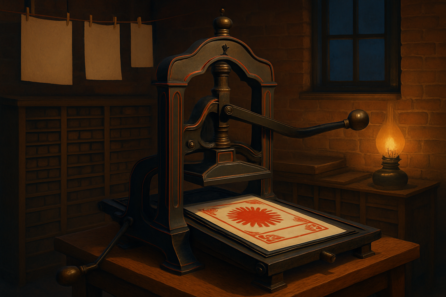 Key art — the hand press mid-pull in the lamplit press room at dusk