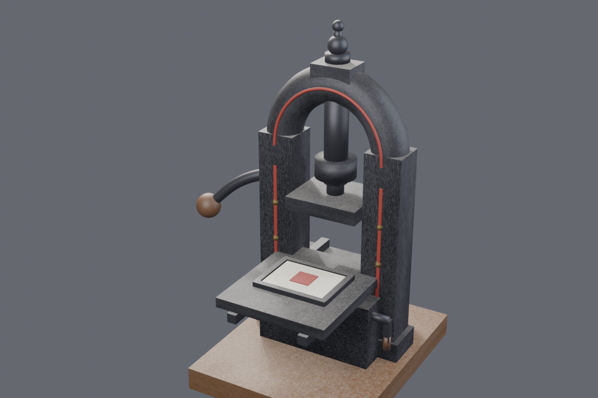 The probe-built hand press, three-quarter view