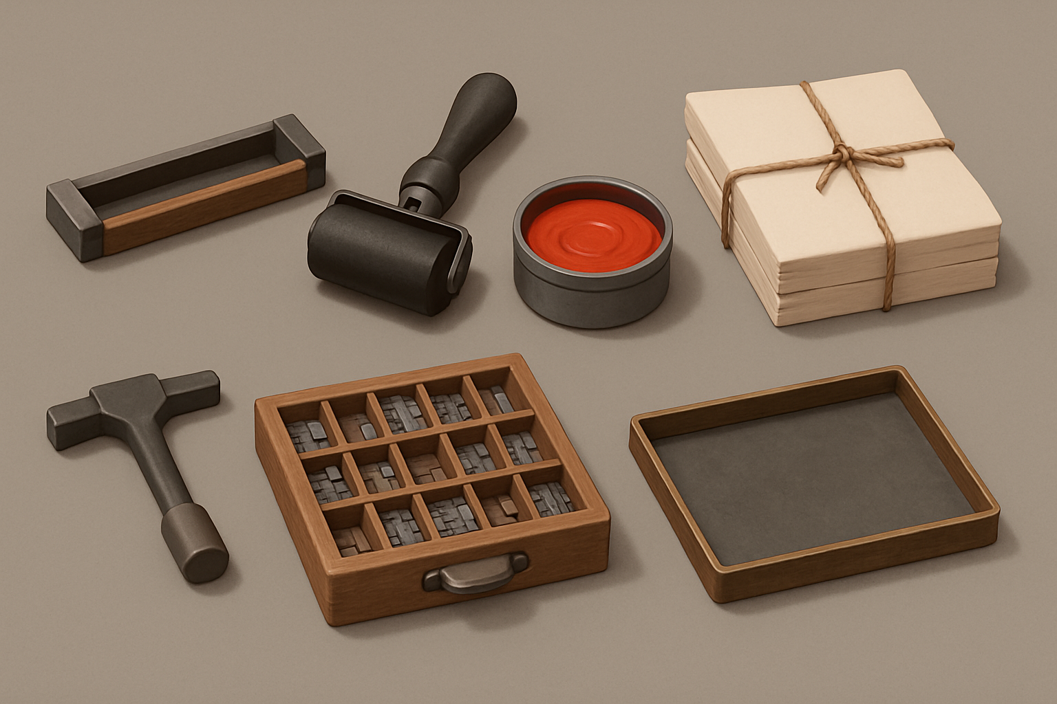 Prop sheet — composing stick, brayer, ink tin, paper bale, quoin key, type drawer, galley tray