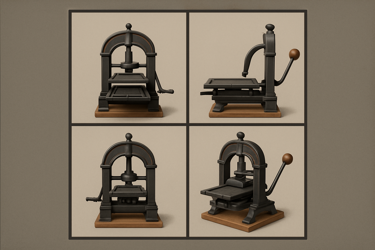 Hand press turnaround — front, side, back and three-quarter panels