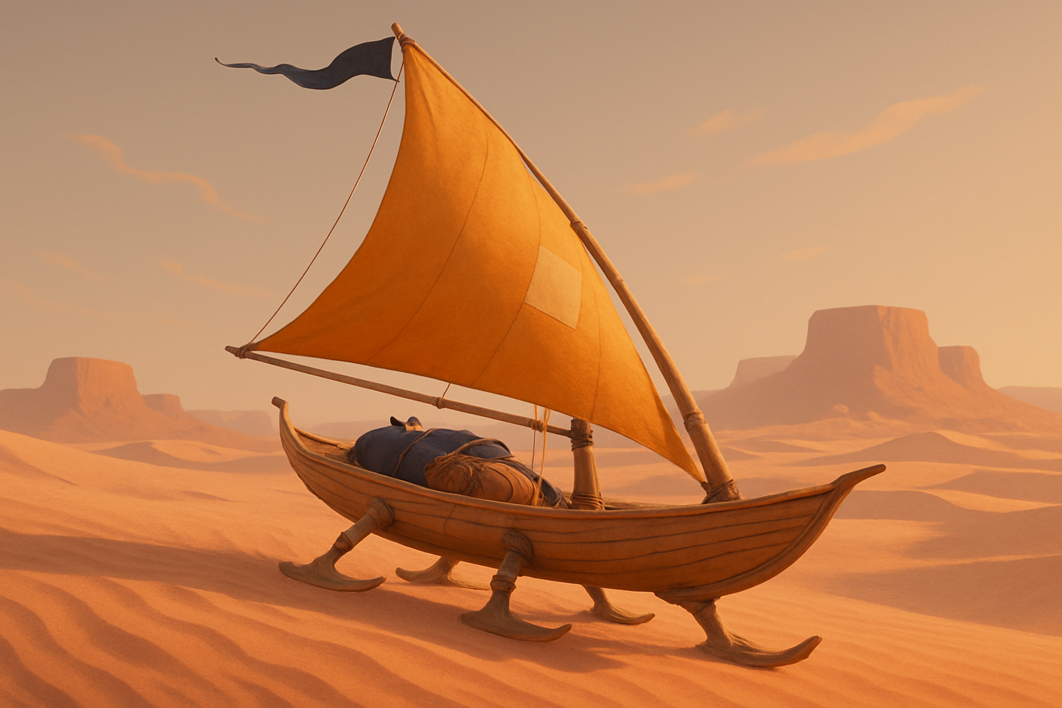 Sirocco Skiff key art — the skiff crests a dune under full sail