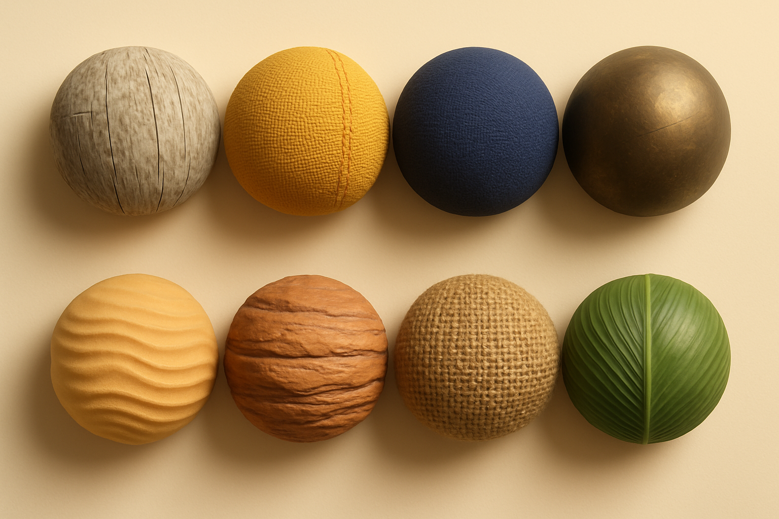 Material board — eight swatch spheres from bleached timber to palm frond