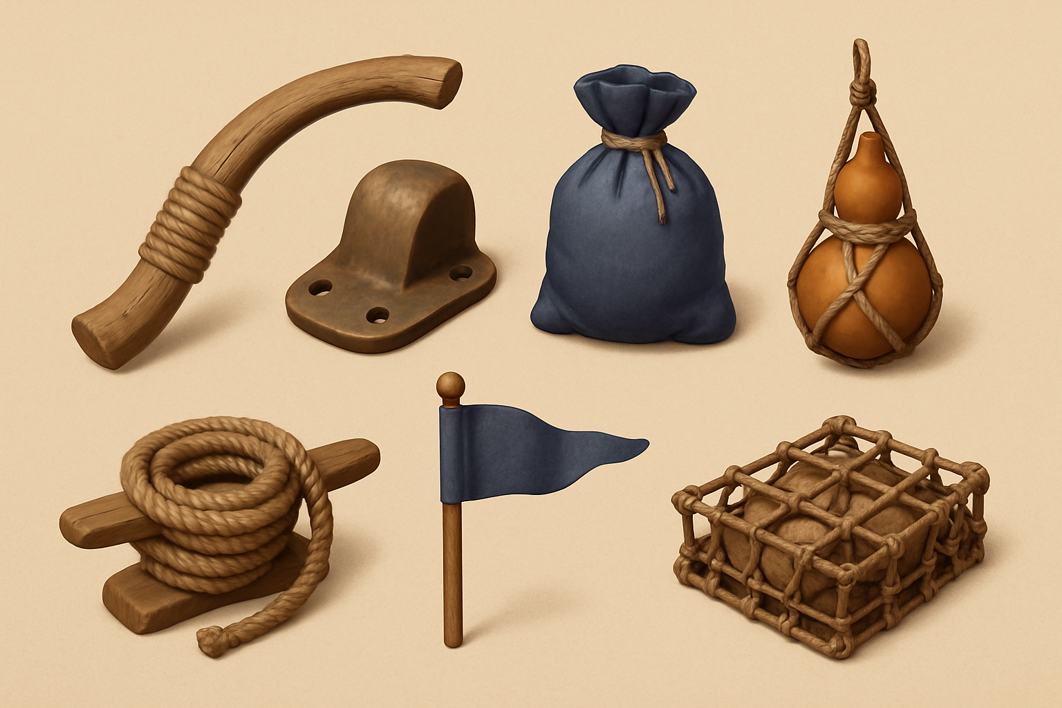 Prop sheet — tiller, bronze skid-shoe, spice sack, gourd flask, rope cleat, pennant, cargo net
