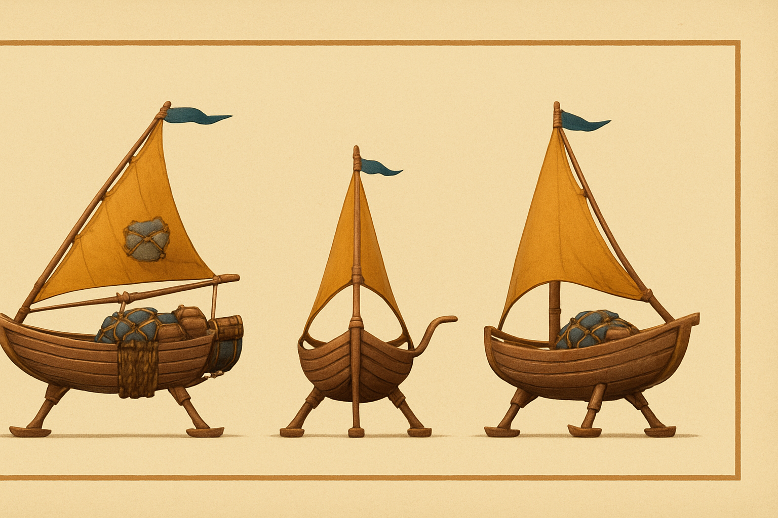 Sirocco Skiff turnaround — side, stern and quarter views with consistent strut undercarriage
