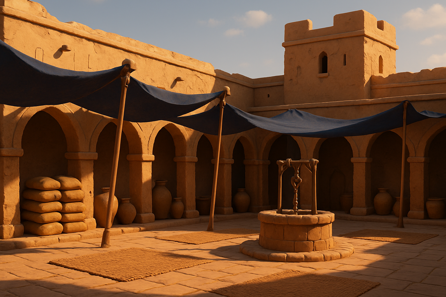 Zone: the Caravanserai Courtyard — mudbrick arches, indigo awnings, stone well
