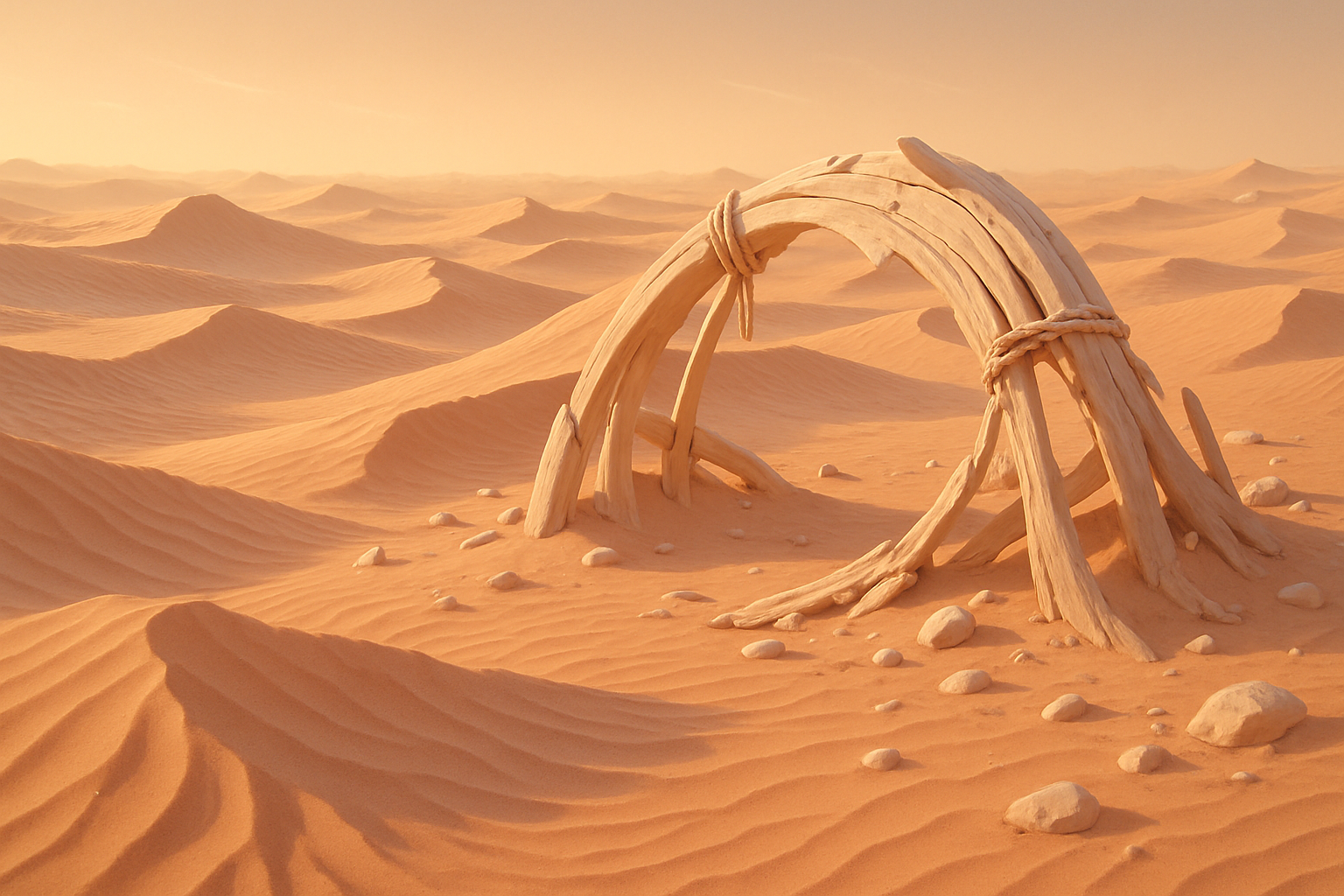 Zone: the Dune Sea — rippled apricot dunes and a half-buried timber wreck arch
