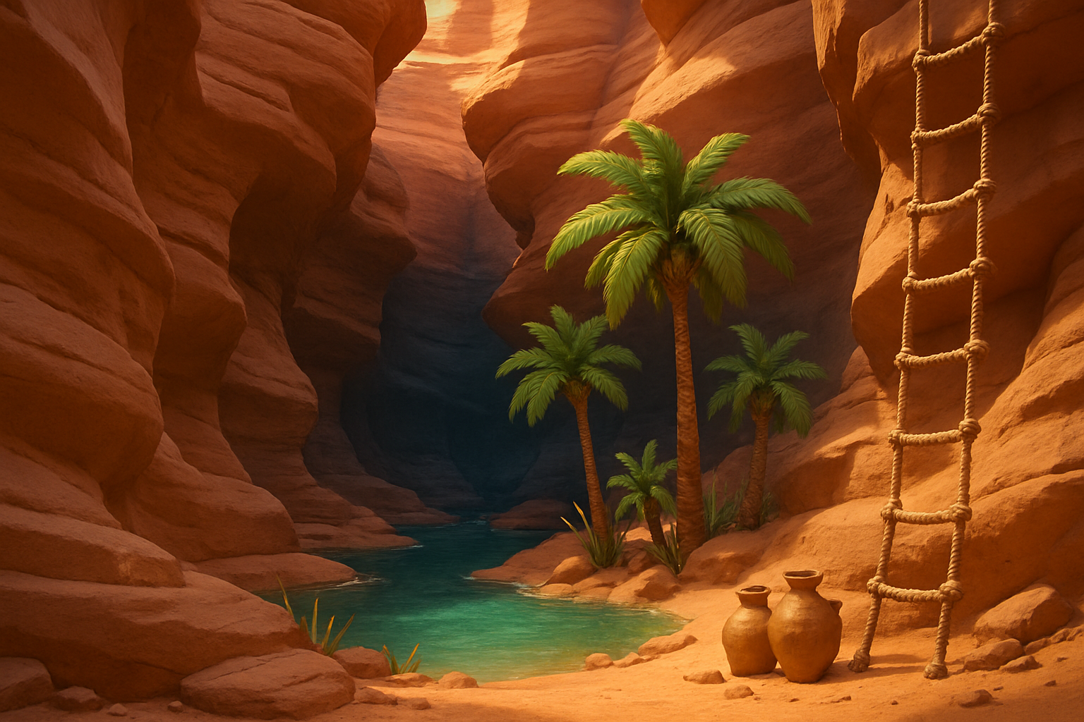 Zone: the Oasis Slot-Canyon — terracotta walls, turquoise pool, date palms