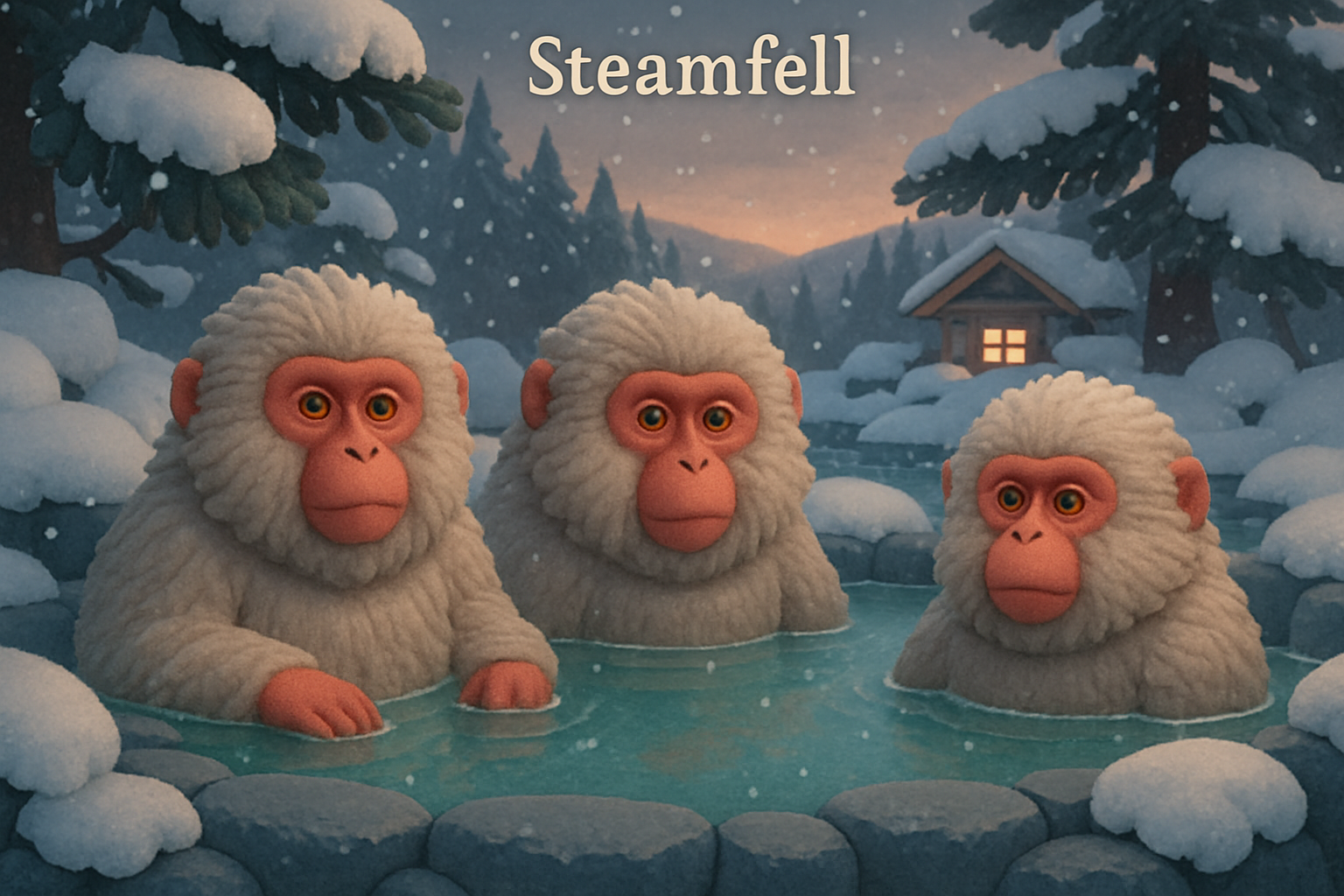 Steamfell key art — three snow monkeys soak in a steaming terrace pool at dusk