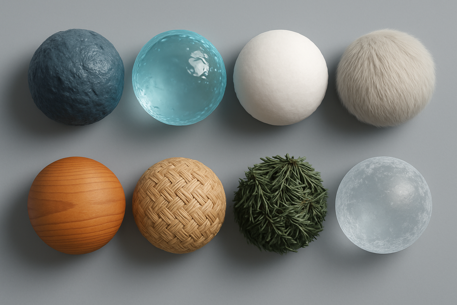 Material board — eight swatch spheres from wet slate to frost-rimmed ice