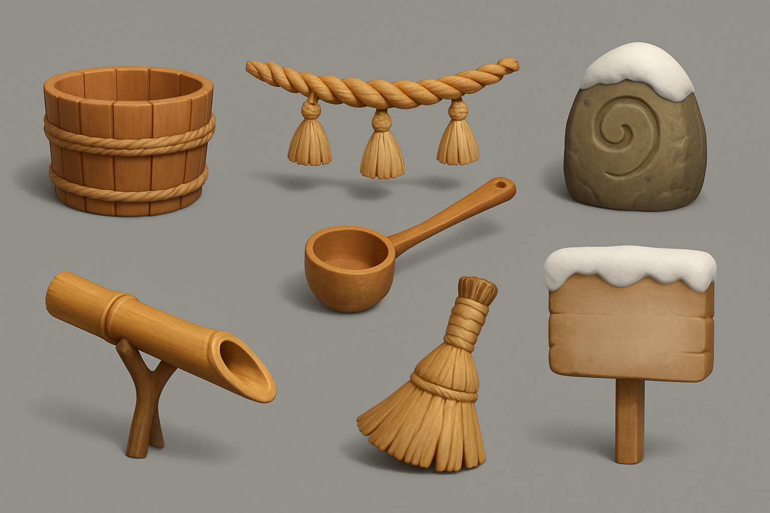 Prop sheet — bucket, straw rope, ladle, waymarker, flume, broom, sign