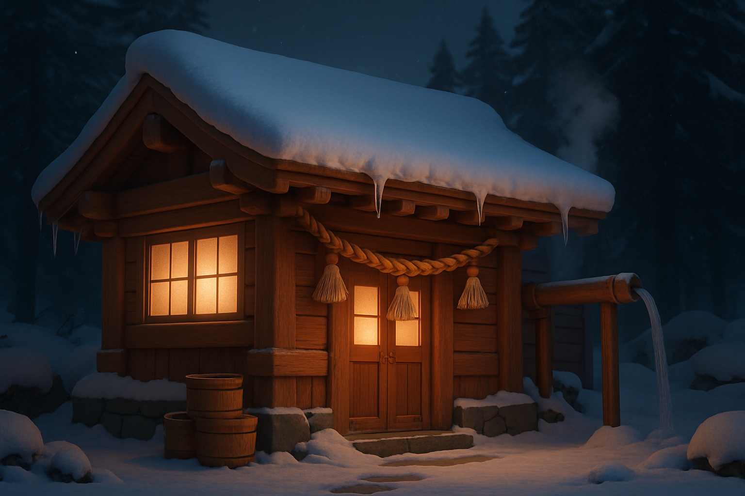 Zone: the Mountain Bathhouse — warm windows, straw rope, icicles and steam at dusk
