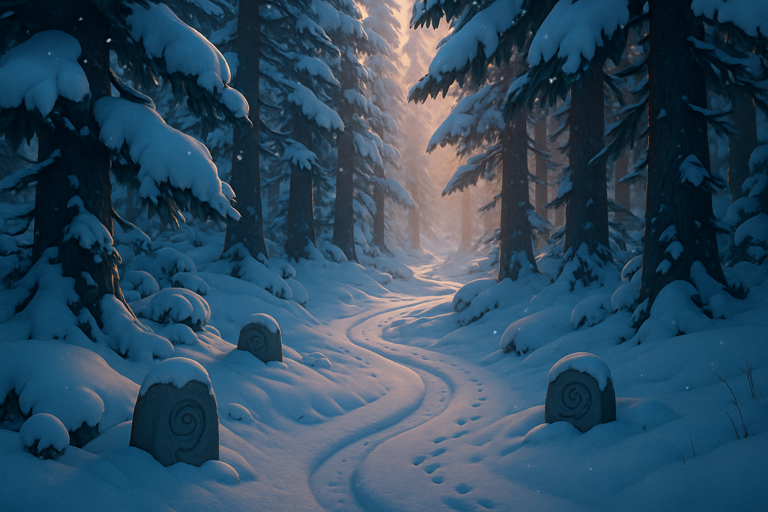 Zone: the Snowbound Cedar Path — deep powder between snow-laden cedars with carved waymarkers