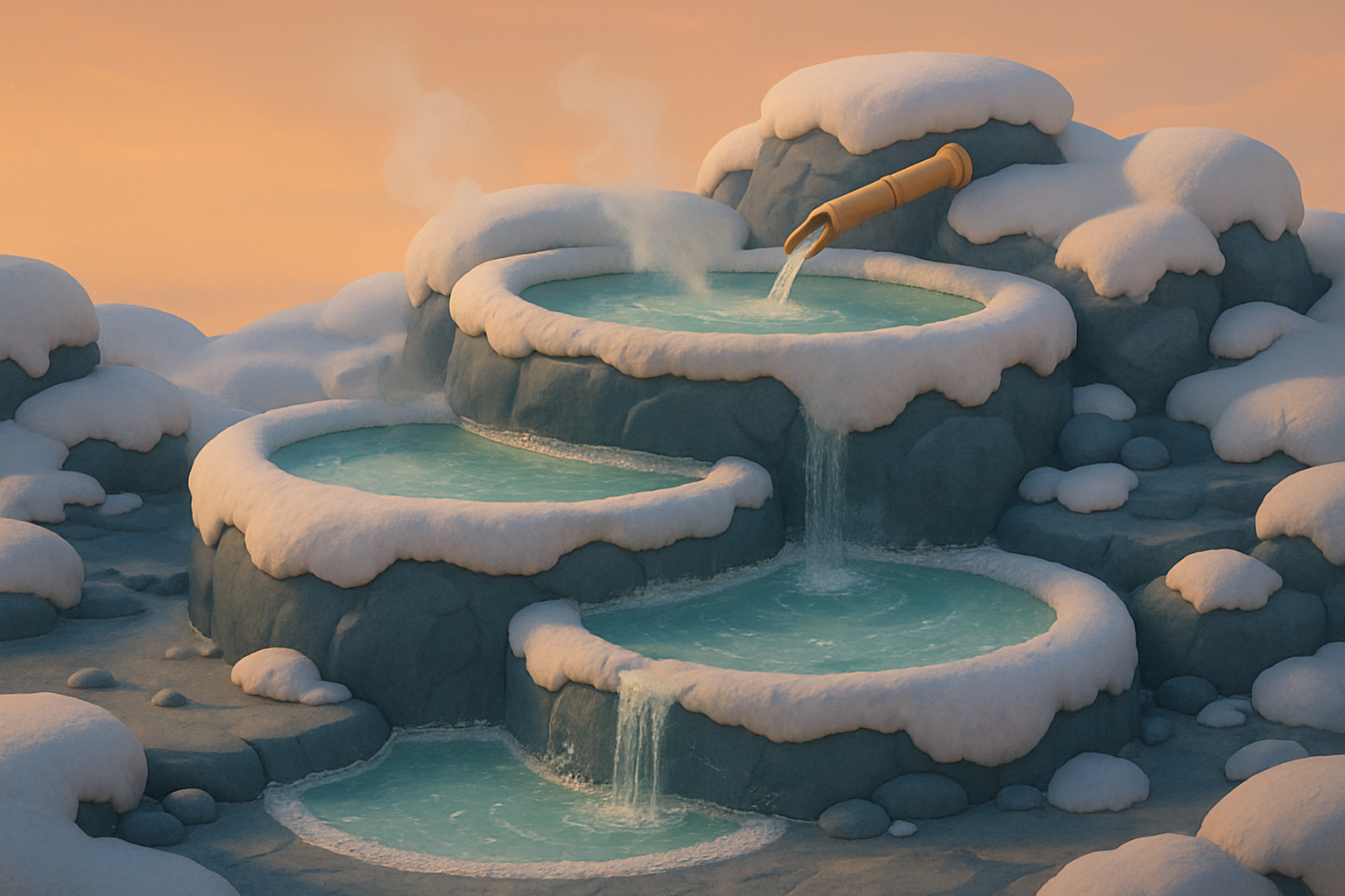 Zone: the Terrace Pools — steaming turquoise pools in snow-rimmed slate terraces