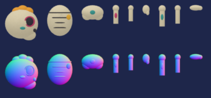 Calavera cutout parts beside their normal-map passes