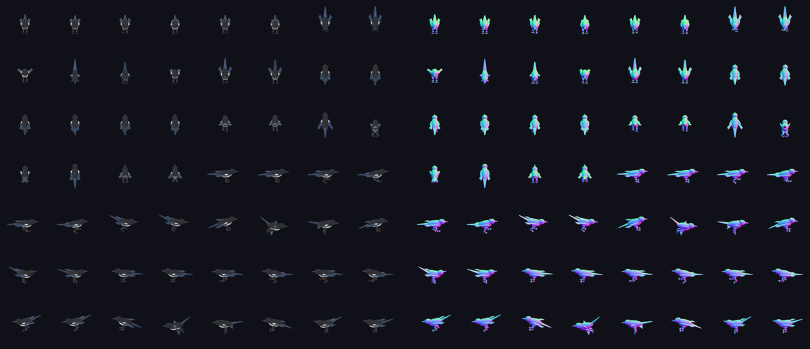 magpie sprite sheet beside its normal-map pass
