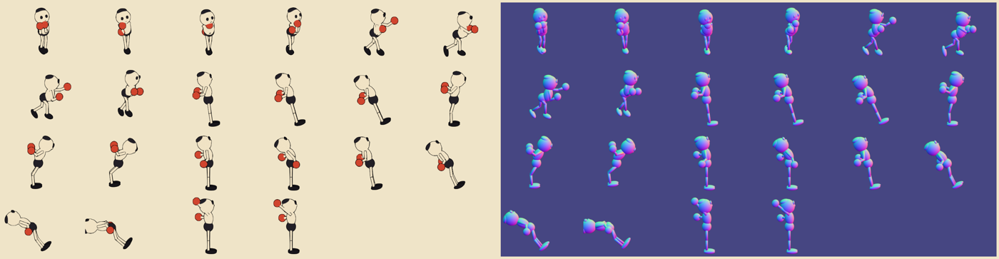Inkbout hero sprite sheet beside its normal-map pass