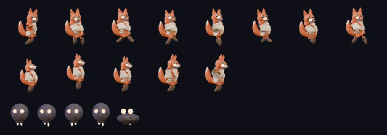 shipped sprite rows: fox run, jump, idle; ash-sprite hover and pop