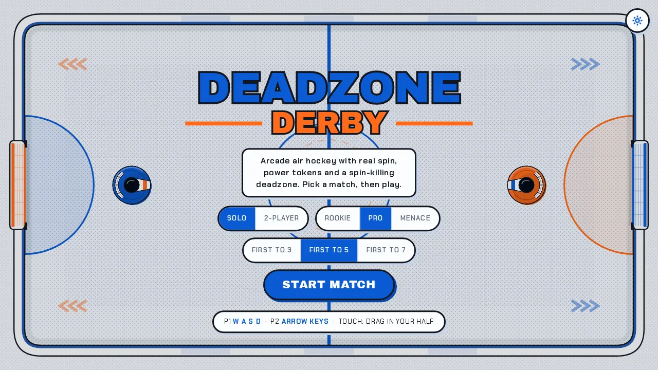 Deadzone Derby — local 2-player physics air hockey
