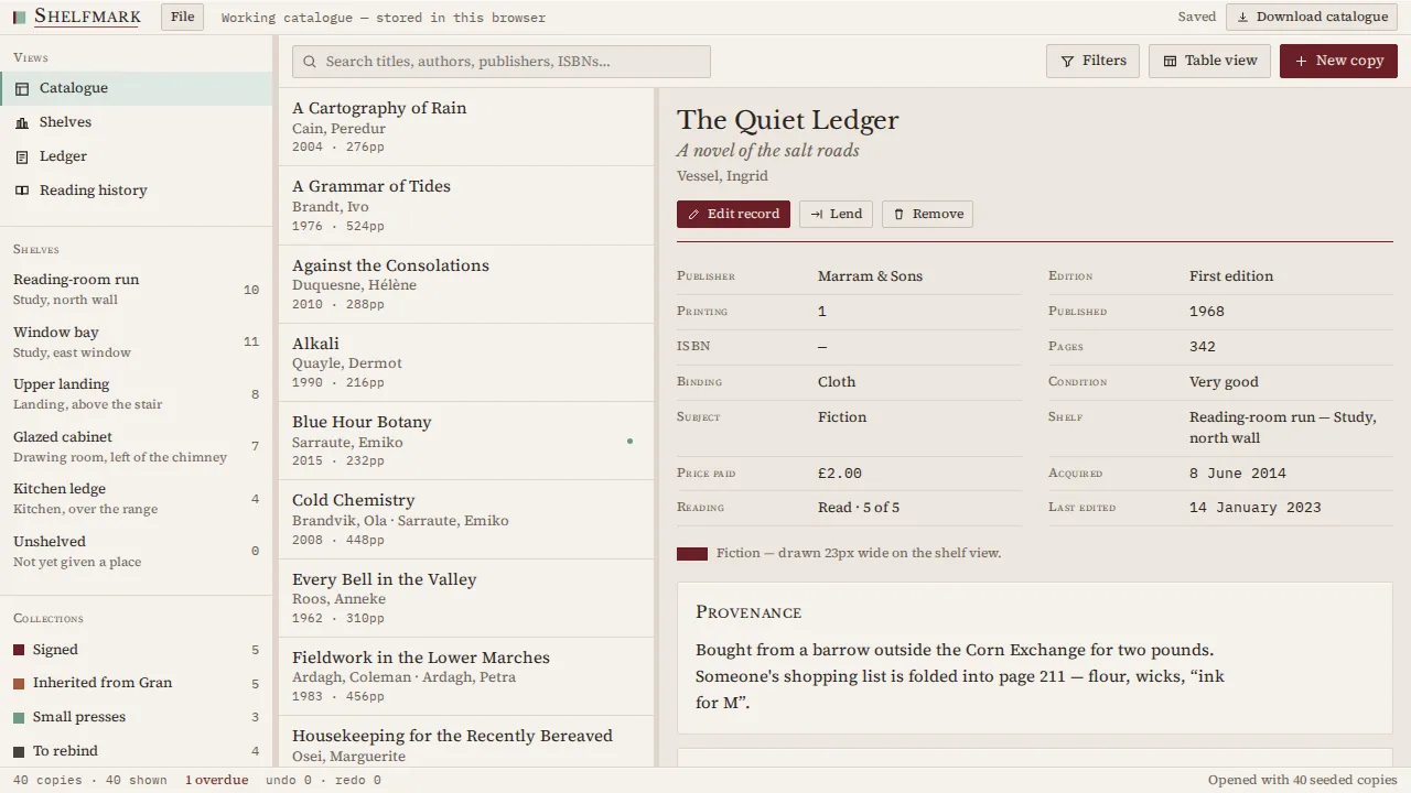Shelfmark, a personal library cataloguer published live