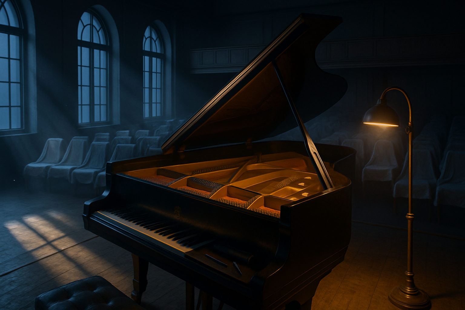 AI concept painting of a tuner's dawn in an empty concert hall
